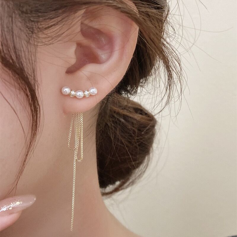 Koyace Two Way Wear Long Tassel Pearl Stud Earrings