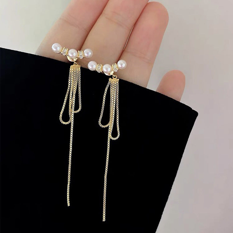 Koyace Two Way Wear Long Tassel Pearl Stud Earrings