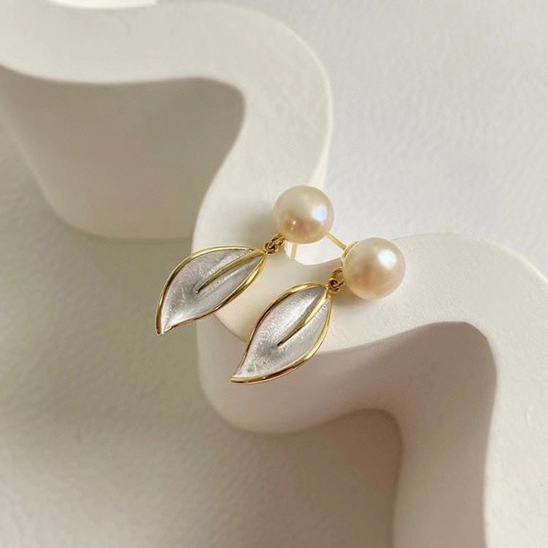 Koyace White Leaf Pendant Pearl Earrings