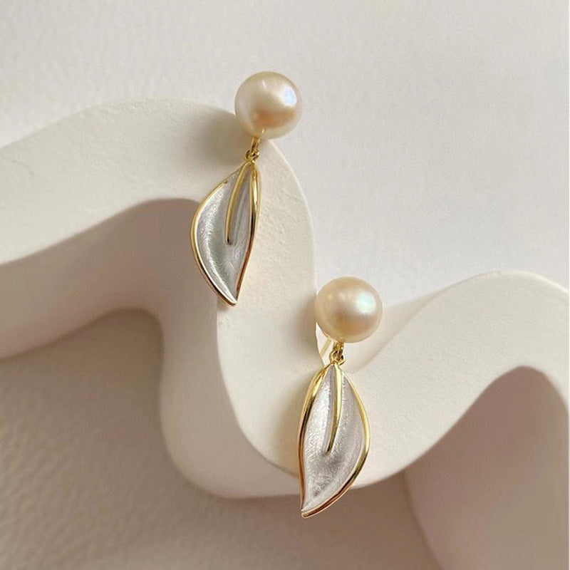 Koyace White Leaf Pendant Pearl Earrings