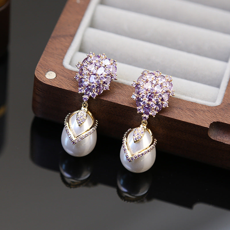 Koyace Zircon Inlaid Teardrop-Shaped Pearl Earrings