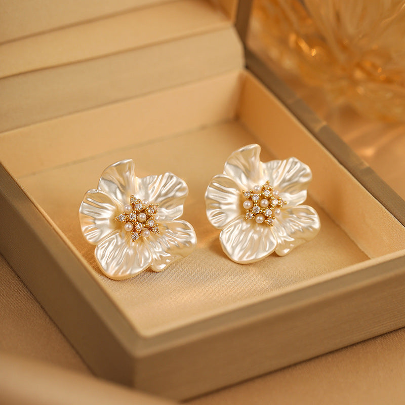 Koyace Zircon Stamens Artificial Pearl Flower Stud Earrings