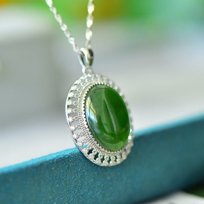 Koyace Emerald Jade Egg Face Silver Necklace