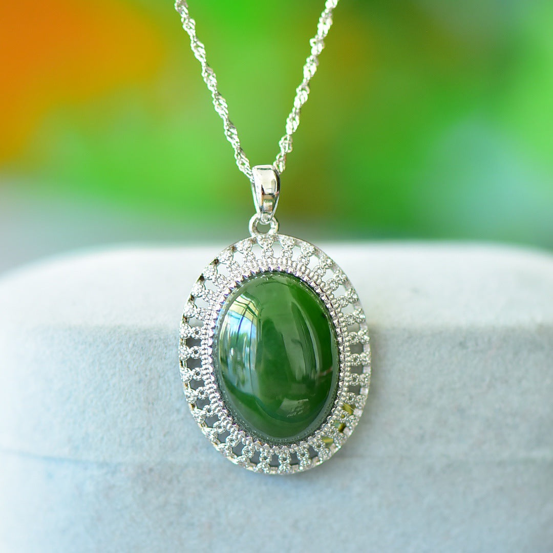 Koyace Emerald Jade Egg Face Silver Necklace