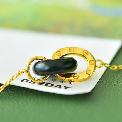 Koyace Jade Donut Silver Inlaid with Gold Necklace Black