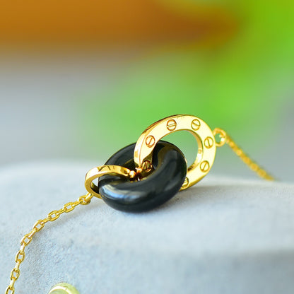 Koyace Jade Donut Silver Inlaid with Gold Necklace Black