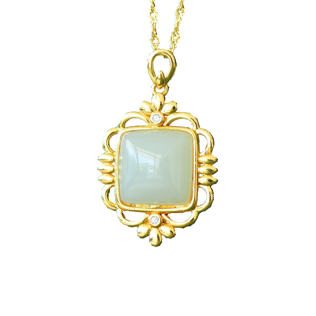 Koyace Jade Square Egg Face Silver Inlaid with Gold Necklace