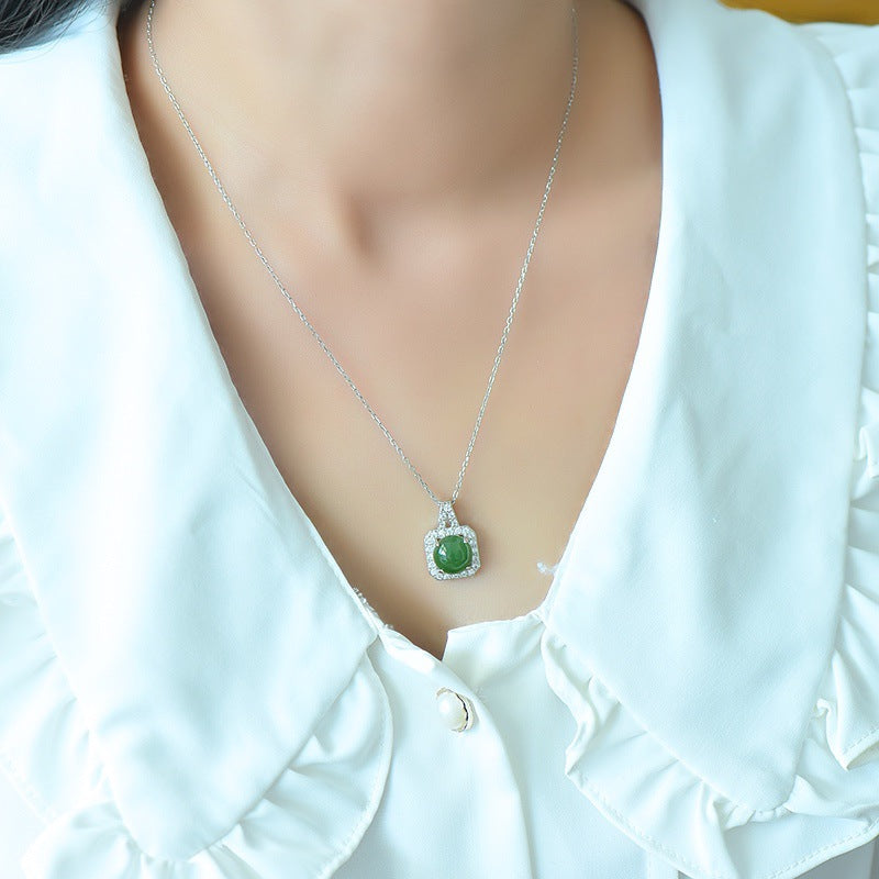 Koyace Little Square Jade Egg Face Silver Necklace