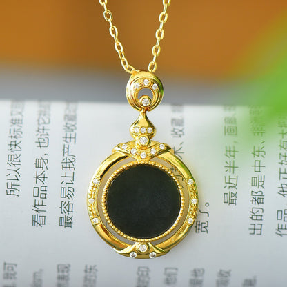 Koyace Round Jade Slab Silver Inlaid with Gold Necklace Black