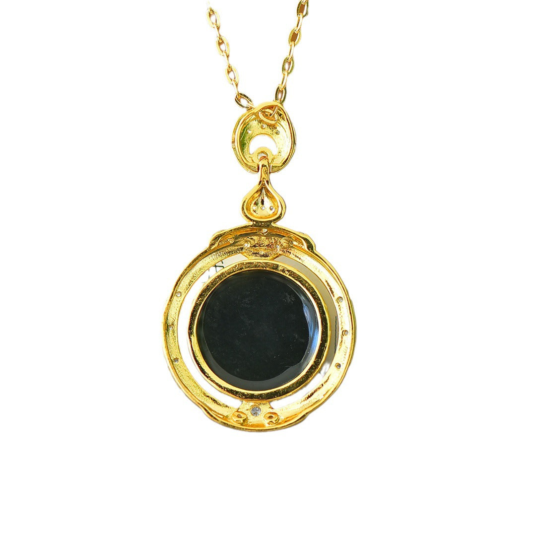 Koyace Round Jade Slab Silver Inlaid with Gold Necklace Black