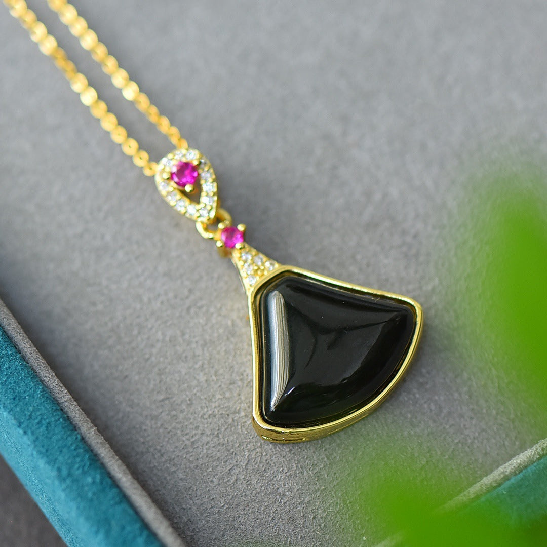 Koyace Shell Jade Silver Inlaid with Gold Necklace Black