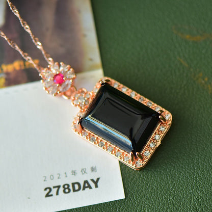 Koyace Black Square Jade Silver Inlaid with Gold Necklace