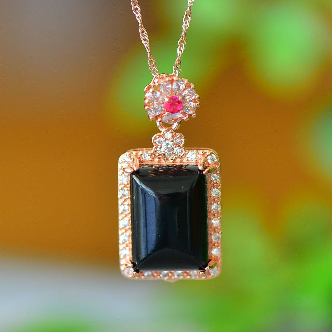 Koyace Black Square Jade Silver Inlaid with Gold Necklace