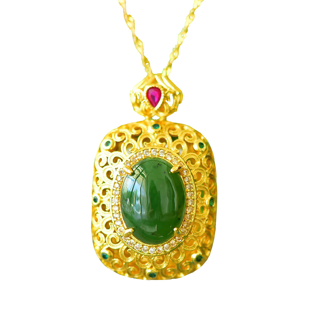 Koyace Jade Egg Face Rhombus Box Silver Inlaid with Gold Necklace