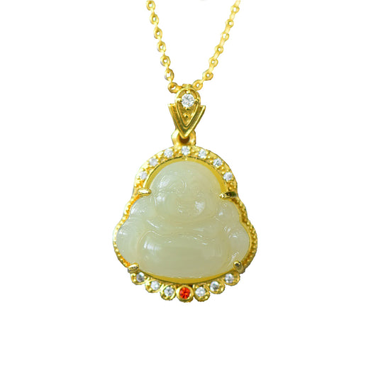 Koyace Jade Maitreya Silver Inlaid with Gold Necklace