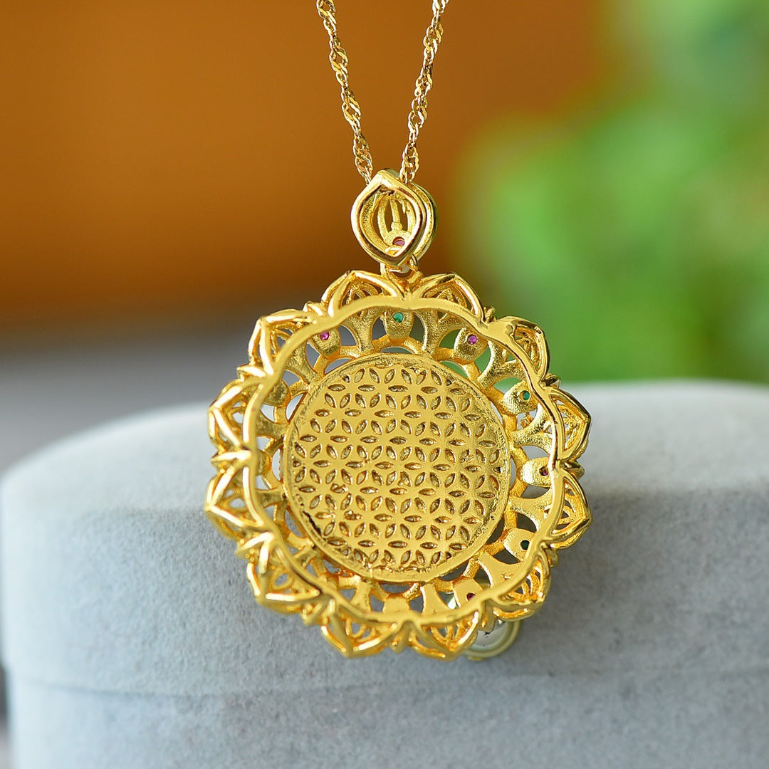 Koyace Sun Flower Jade Silver Inlaid with Gold Necklace