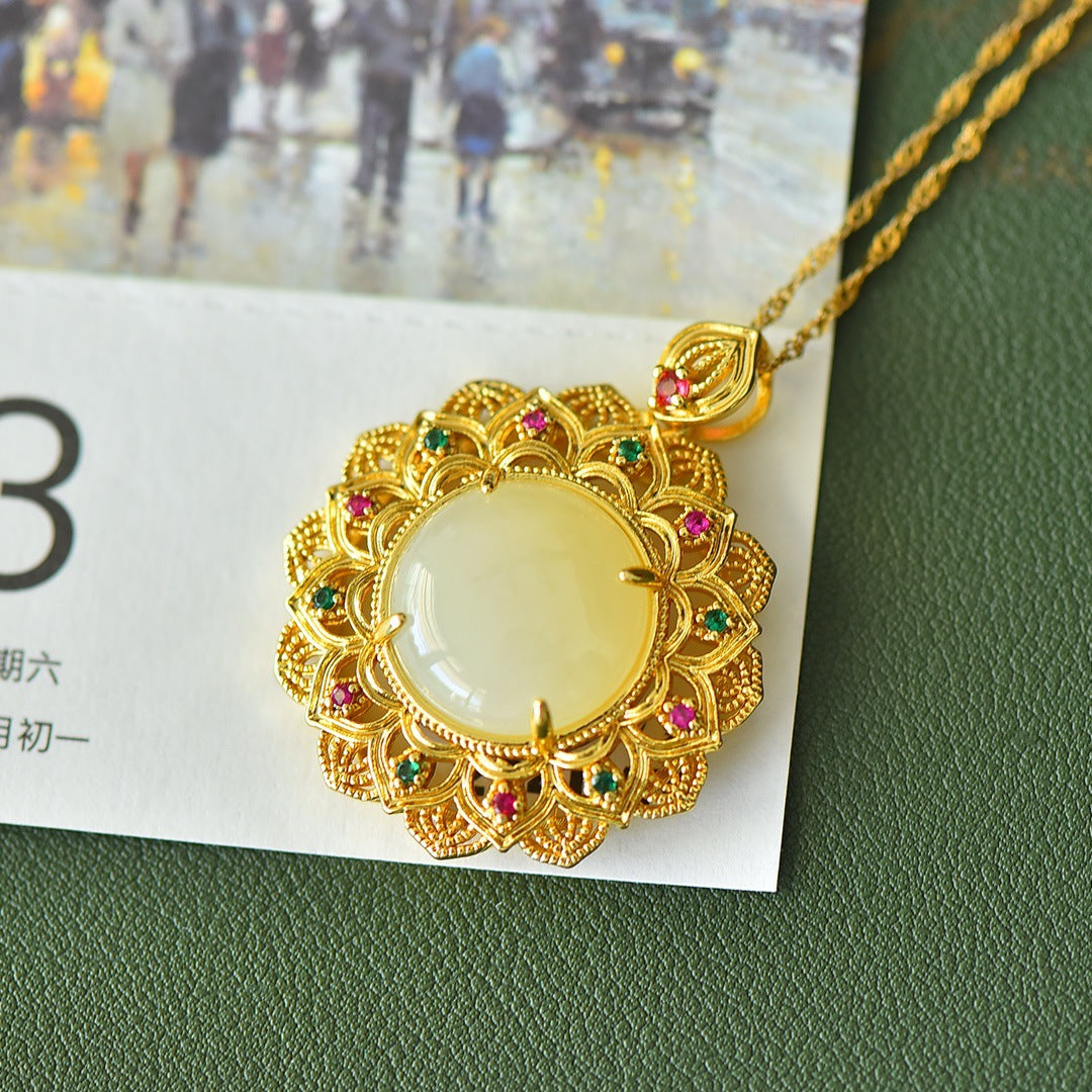 Koyace Sun Flower Jade Silver Inlaid with Gold Necklace