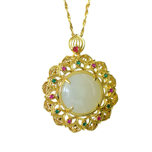 Koyace Sun Flower Jade Silver Inlaid with Gold Necklace