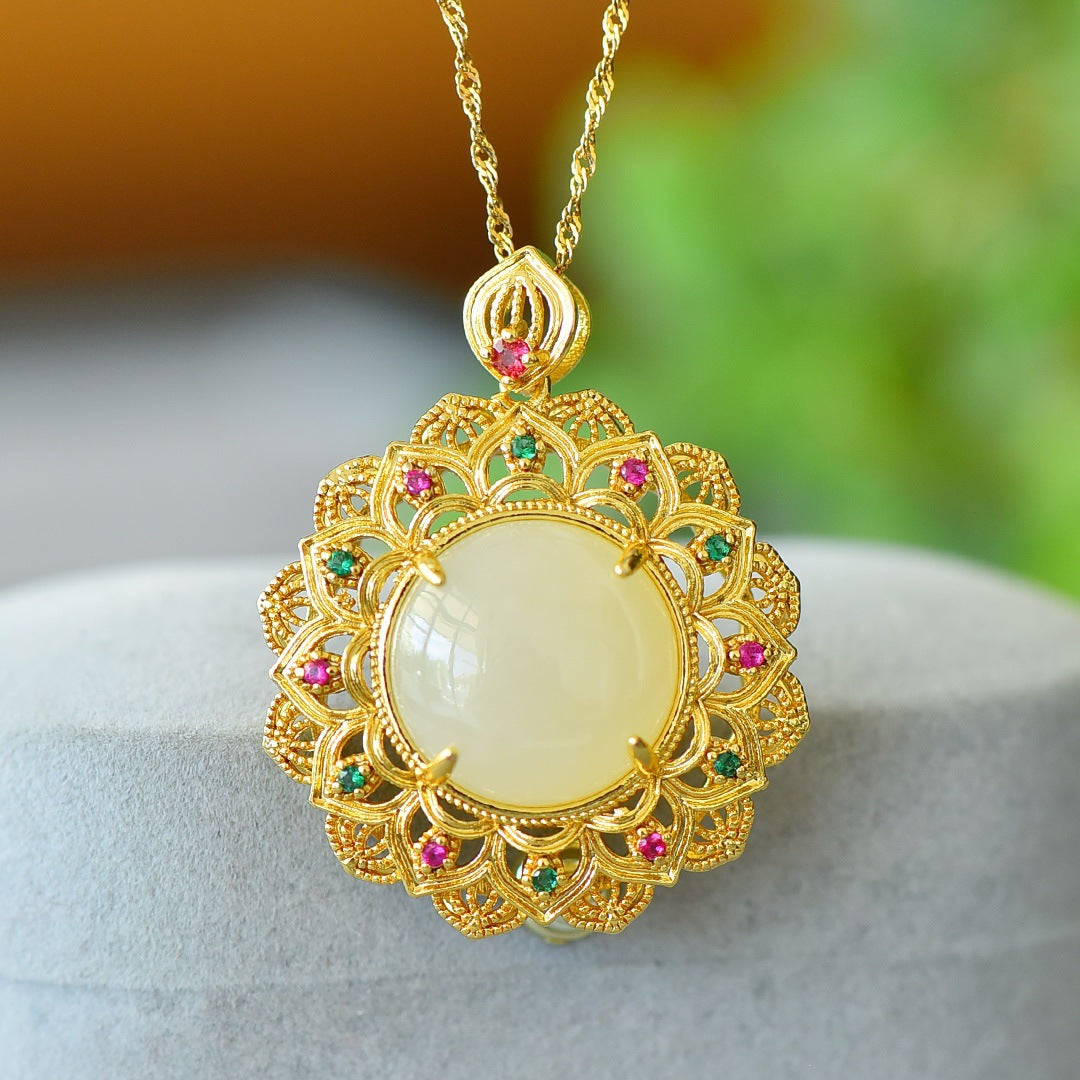 Koyace Sun Flower Jade Silver Inlaid with Gold Necklace