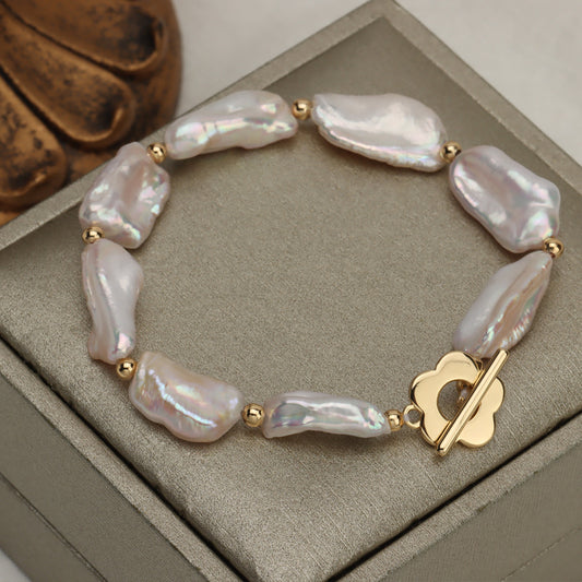 Koyace Baroque Lustrous Pearl Flower Buckle Bracelet