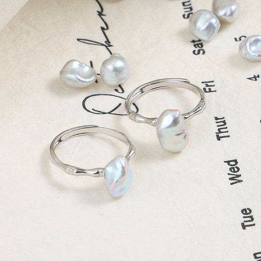 Koyace Blue-gray Baroque Pearl Adjustable Ring