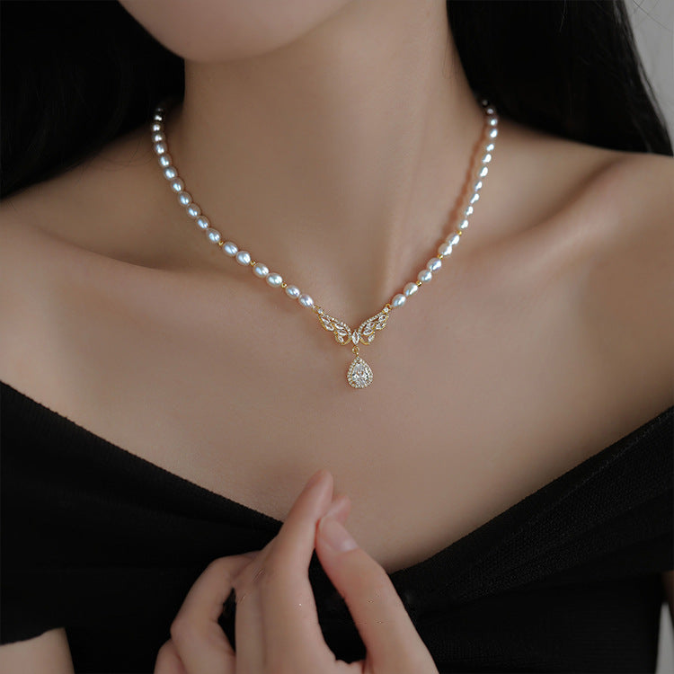 Koyace Butterfly Zircon Pendant Pearl Beaded Necklace