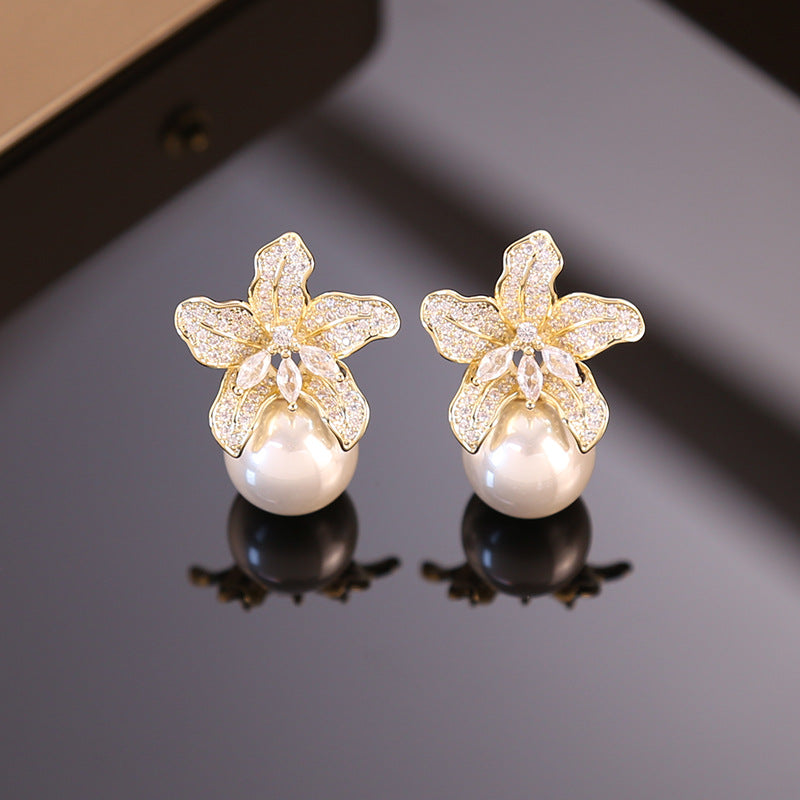 Koyace Diamond-encrusted Large Lily Flower Pearl Earrings