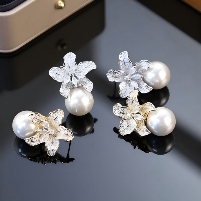 Koyace Diamond-encrusted Large Lily Flower Pearl Earrings