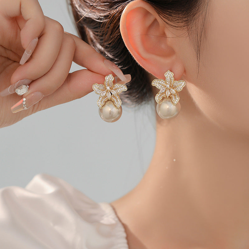 Koyace Diamond-encrusted Large Lily Flower Pearl Earrings