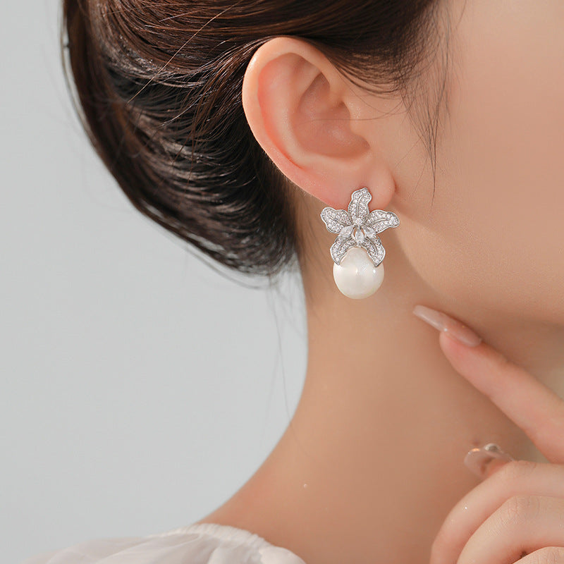 Koyace Diamond-encrusted Large Lily Flower Pearl Earrings