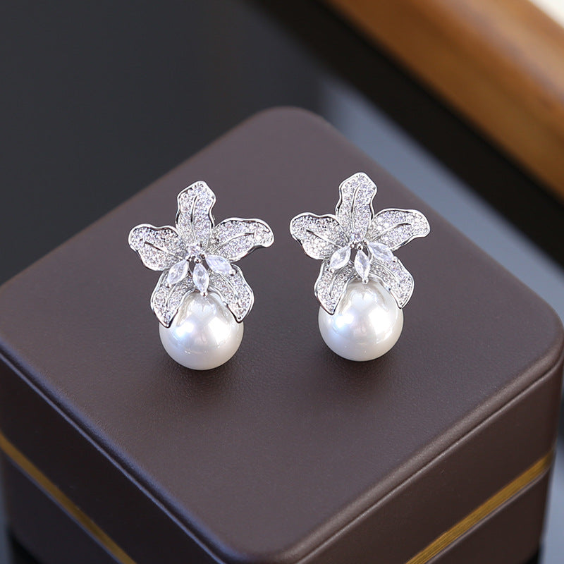 Koyace Diamond-encrusted Large Lily Flower Pearl Earrings