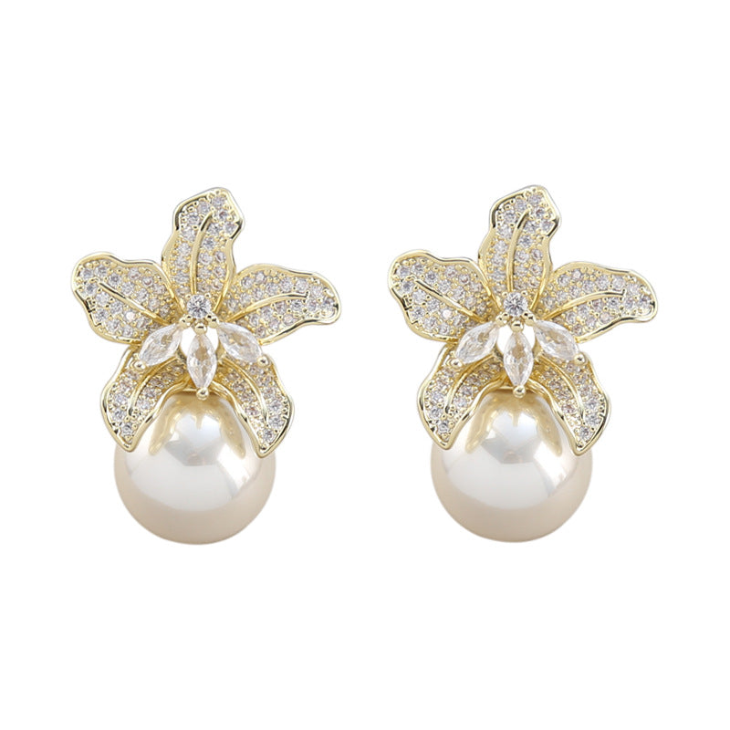 Koyace Diamond-encrusted Large Lily Flower Pearl Earrings