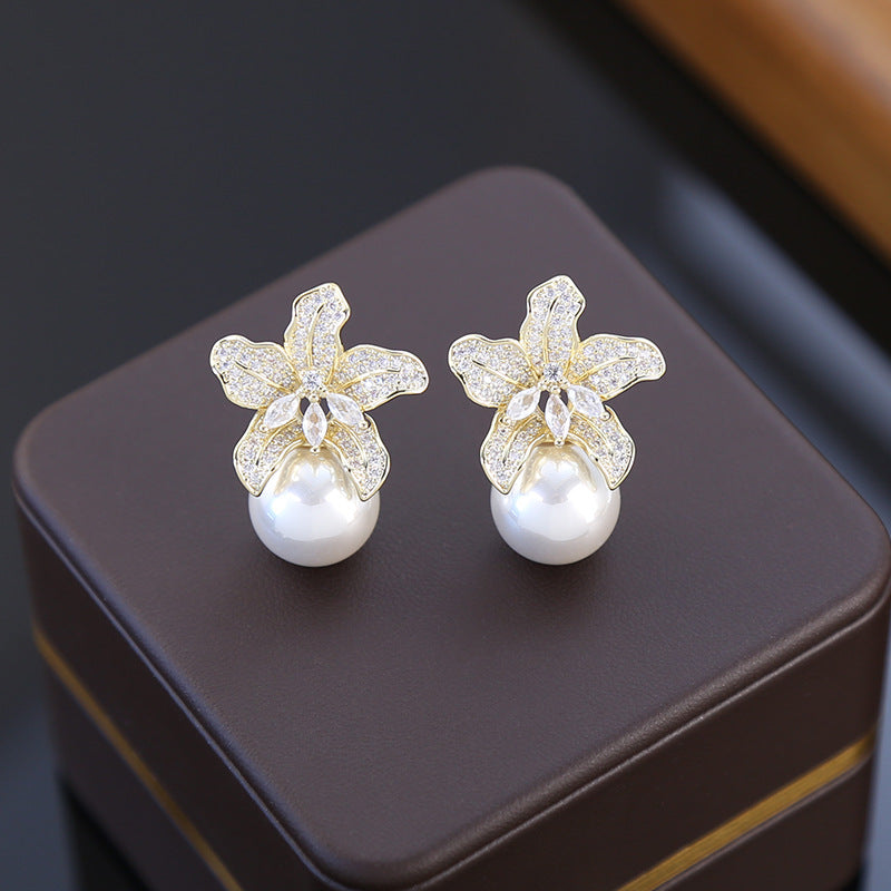 Koyace Diamond-encrusted Large Lily Flower Pearl Earrings