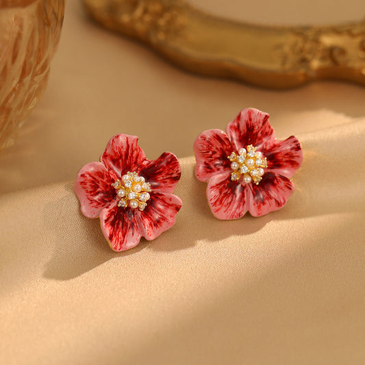 Koyace Diamond Ankela Red Flower Stud Earrings