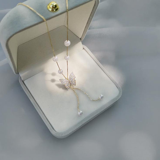 Koyace Diamond Butterfly Tassel Pearl Necklace