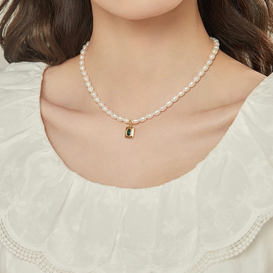 Koyace Emerald Zircon Pendant Pearl Necklace