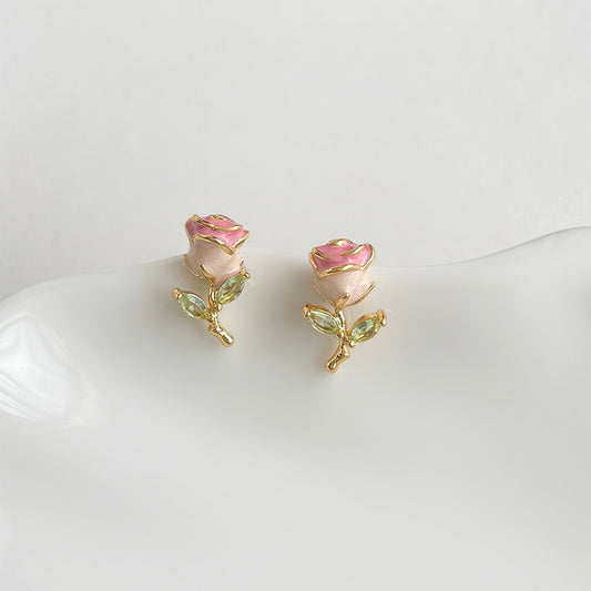 Koyace Enamel Drop Glaze Zircon Rose Earrings Stud