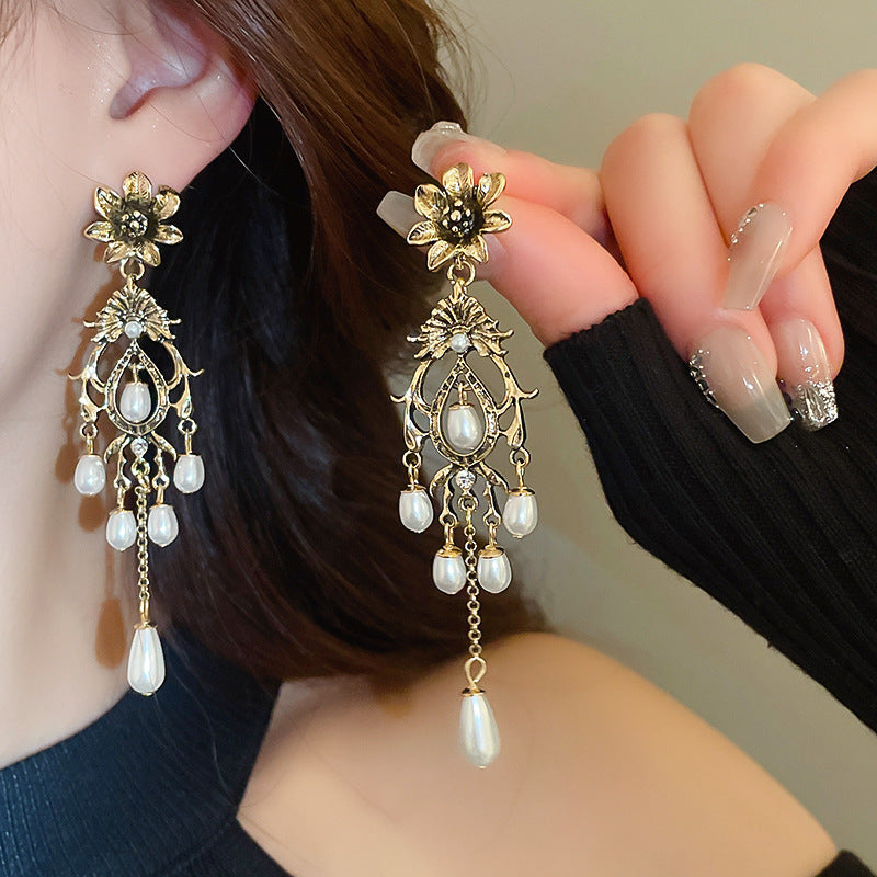 Koyace Flower Water Drop Tassel Imitation Pearl Earrings