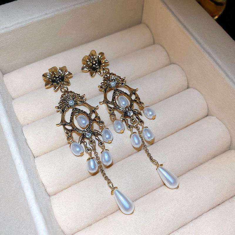 Koyace Flower Water Drop Tassel Imitation Pearl Earrings