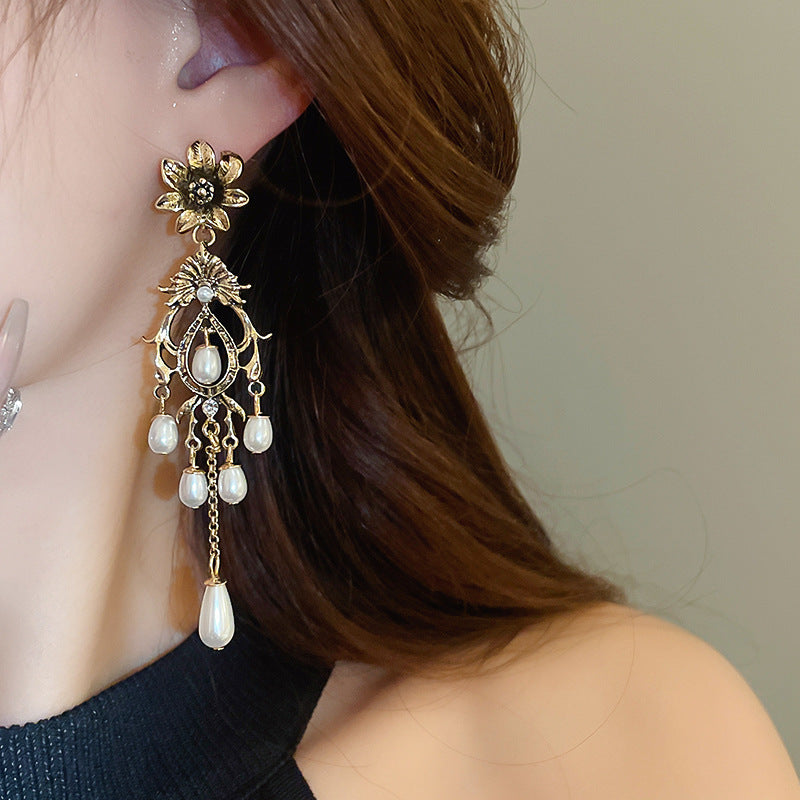 Koyace Flower Water Drop Tassel Imitation Pearl Earrings