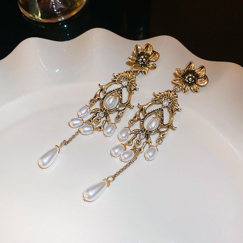 Koyace Flower Water Drop Tassel Imitation Pearl Earrings