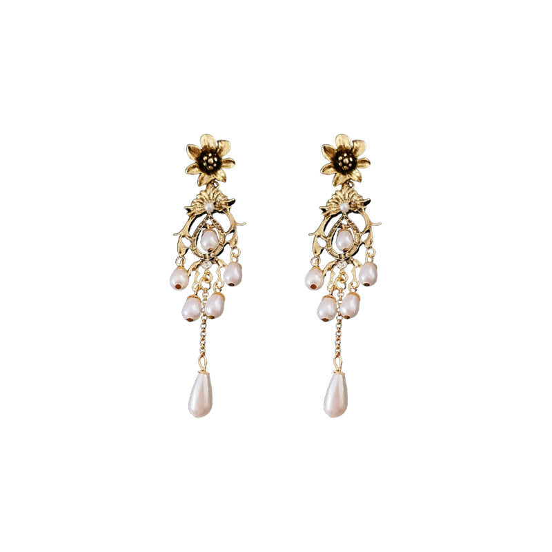 Koyace Flower Water Drop Tassel Imitation Pearl Earrings