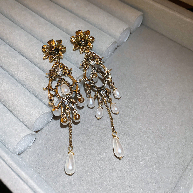 Koyace Flower Water Drop Tassel Imitation Pearl Earrings