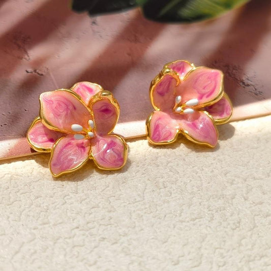 Koyace French Gentle Pink Glazed Flower Stud Earrings