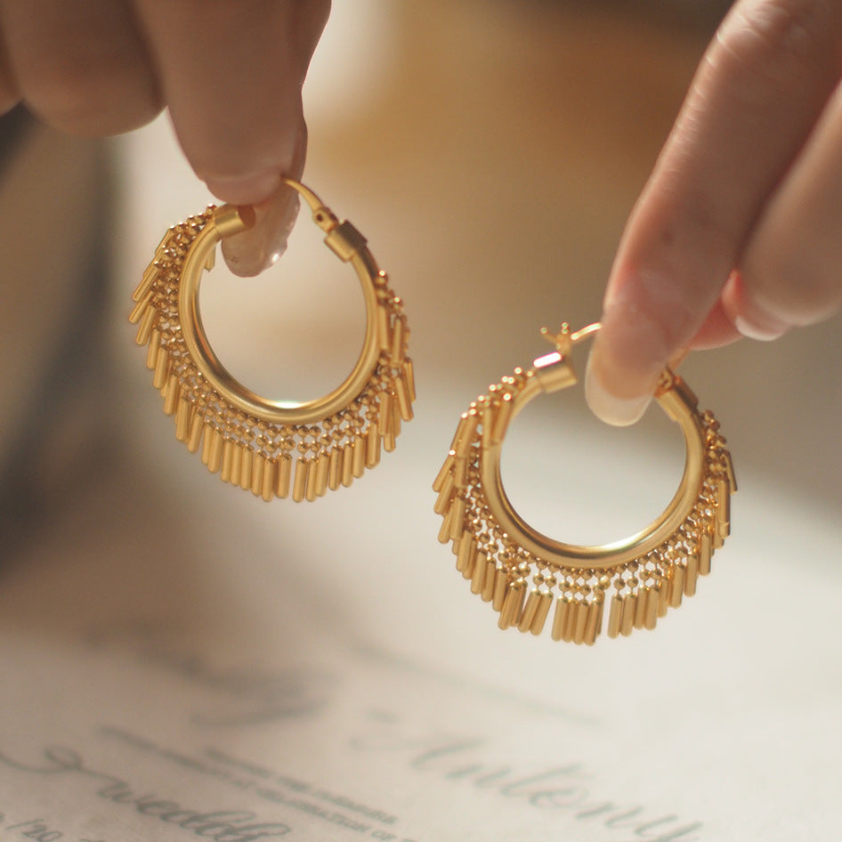 Koyace Frosted Finish Golden Mini Stick Tassels Hoop Earring
