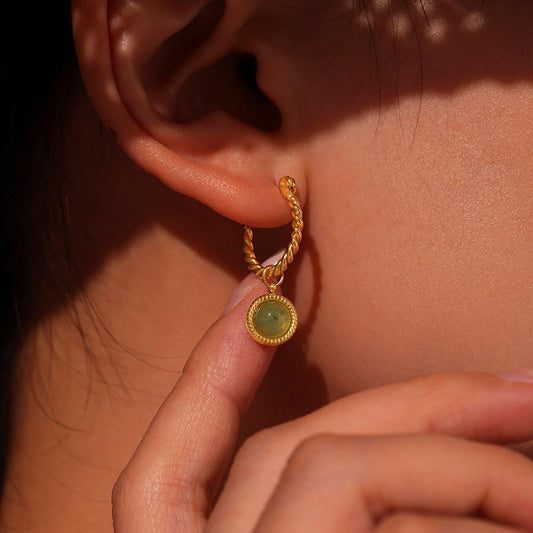Koyace Oval Green Agate C-shaped Earrings