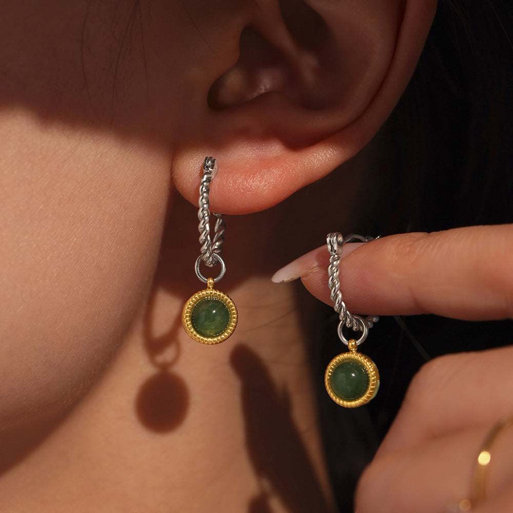 Koyace Oval Green Agate C-shaped Earrings