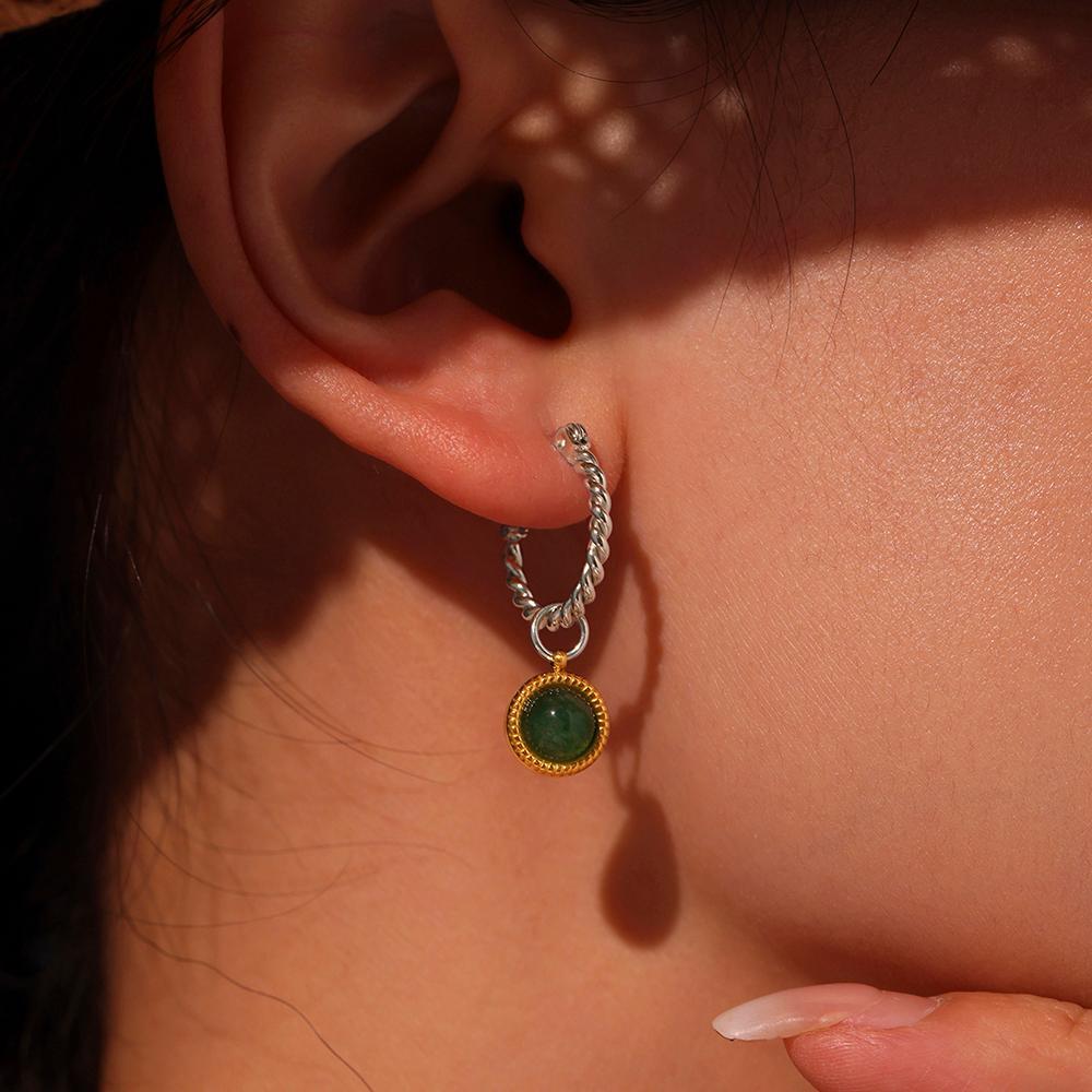 Koyace Oval Green Agate C-shaped Earrings