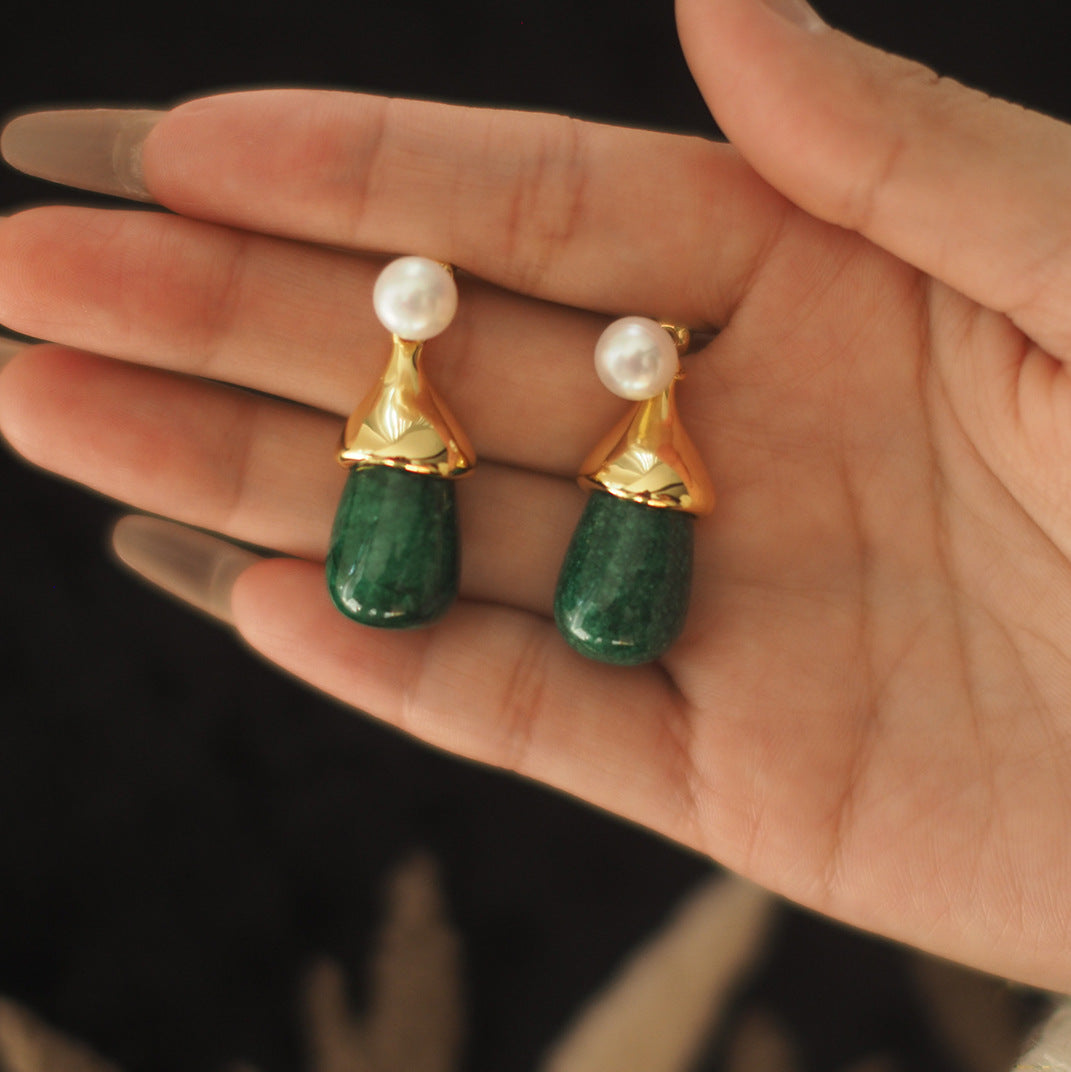 Koyace Pearl Peacock Green Stone Pendant Earrings