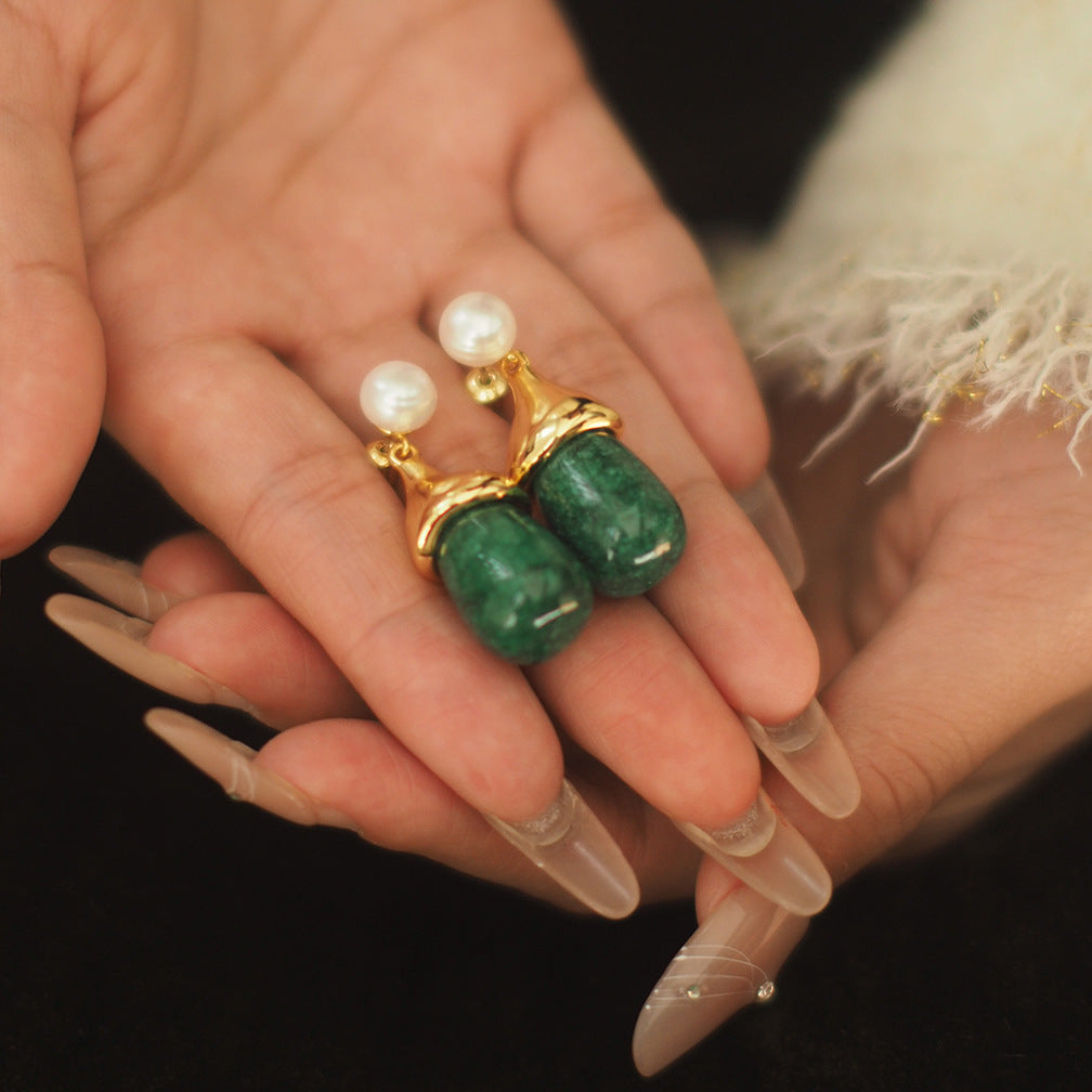 Koyace Pearl Peacock Green Stone Pendant Earrings